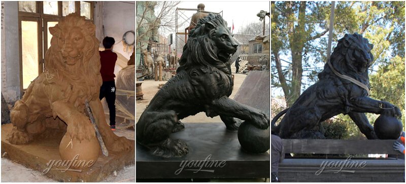 Clay-model-and-foundry-casting-bronze-lion-statues