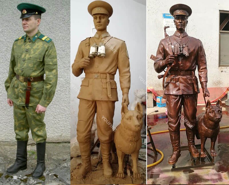 Custom-made bronze- military life size solidand-dog statues from photo